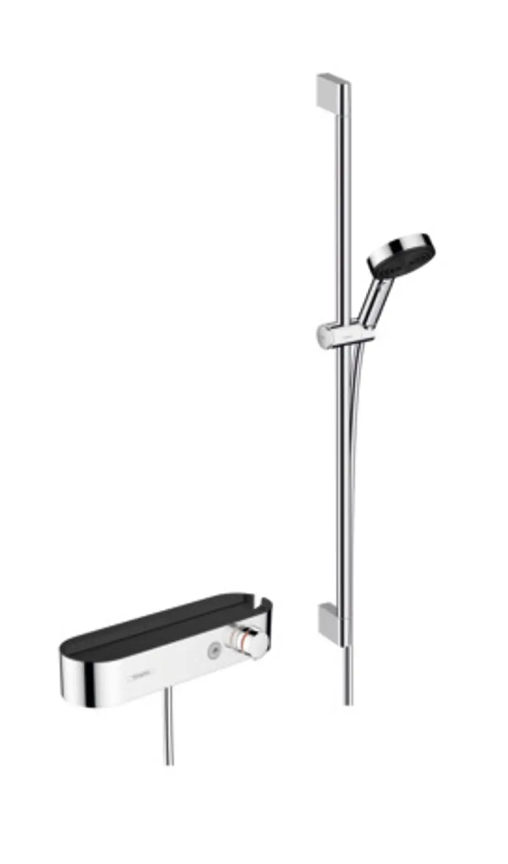 Hansgrohe Brausesystem mit Handbrause, Thermostat und Brausestange in Chrom. Enthält Handbrausehalterung und Brauseschlauch. Minimalistisches Design.